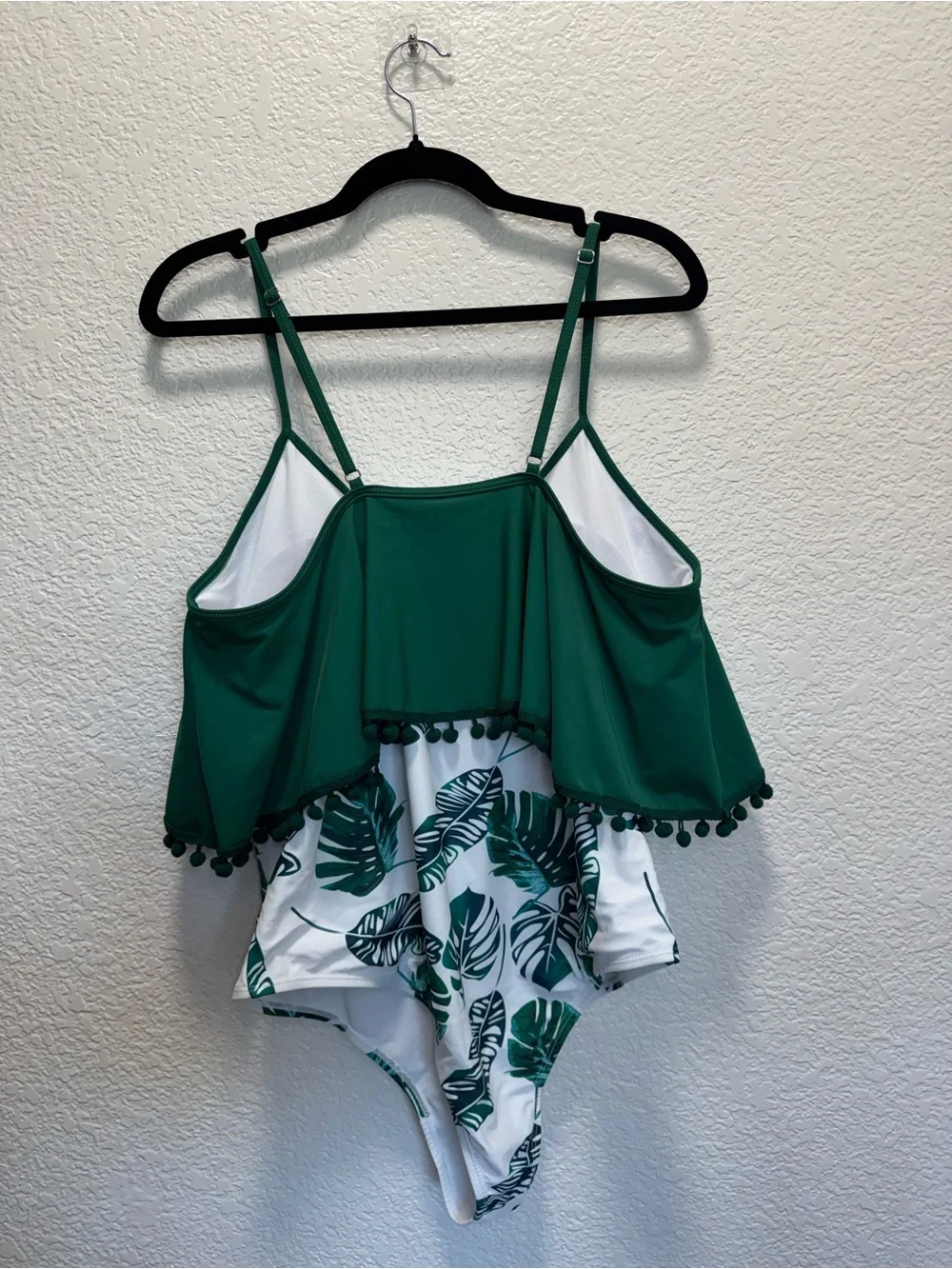 Green Pom-Pom Tankini Swim Top with Tropical Print Bottom Onepiece